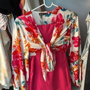 SHEIN Floral Print Tie Front Top & Wide Leg Pants